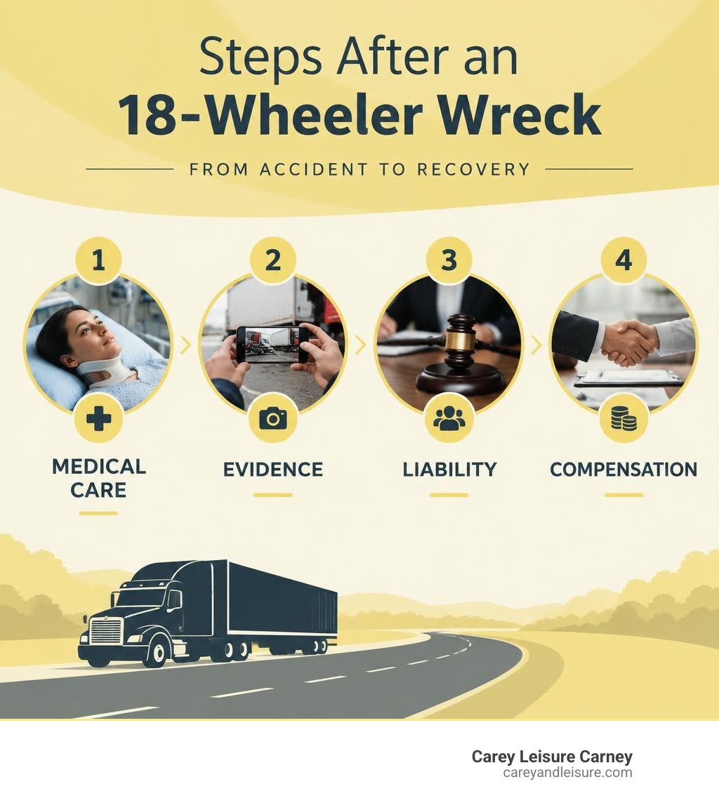 Steps after an 18-wheeler wreck: medical care, evidence, liability, and compensation infographic