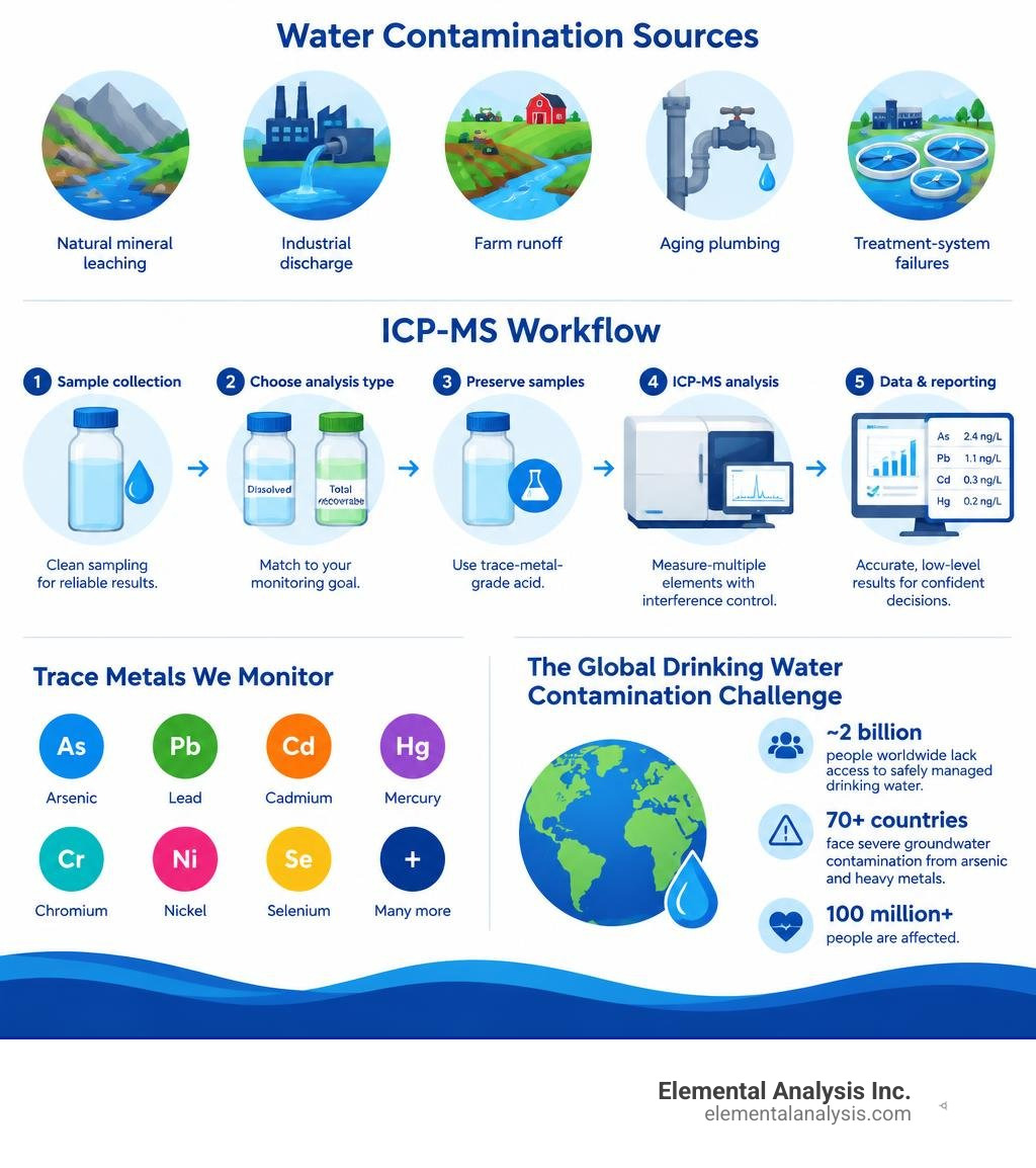 Water contamination sources, ICP-MS workflow, and trace-metal reporting steps infographic Water contamination sources, ICP-MS workflow, and trace-metal reporting steps infographic