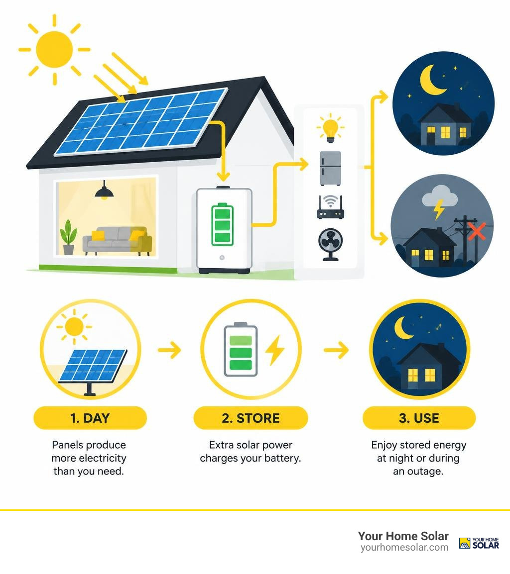 Infographic showing solar surplus stored in a battery for nighttime and outage power infographic Infographic showing solar surplus stored in a battery for nighttime and outage power infographic