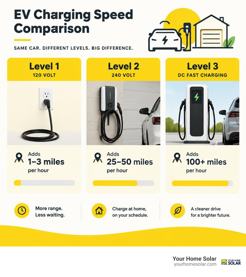 Level 1, Level 2, and Level 3 EV charging speed comparison infographic Level 1, Level 2, and Level 3 EV charging speed comparison infographic