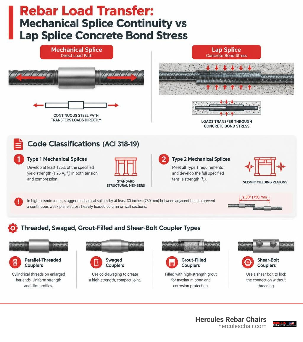 Rebar load transfer: mechanical splice continuity vs lap splice concrete bond stress infographic