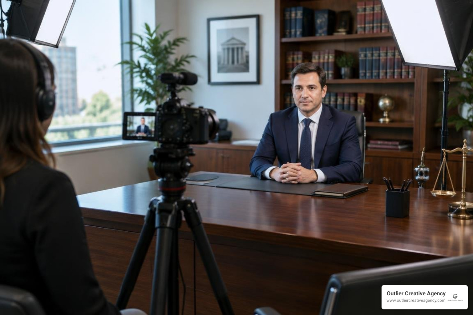 Attorney FAQ video production setup with professional lighting and camera