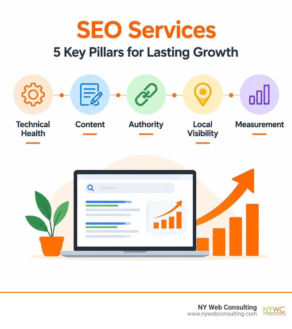 SEO services pillars: technical health, content, authority, local visibility, measurement infographic SEO services pillars: technical health, content, authority, local visibility, measurement infographic