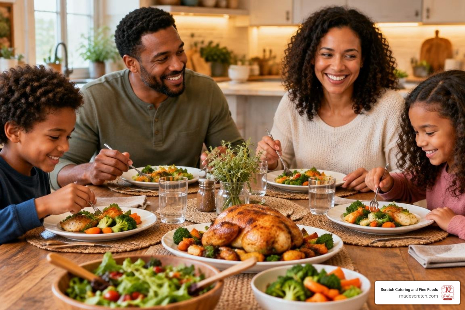 A family gathered around a nutritious, gourmet home-cooked meal