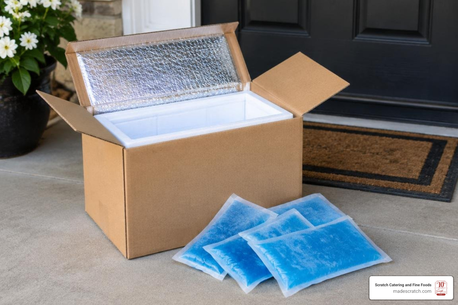 Curbside-recyclable insulated packaging and gel cooling packs on a porch