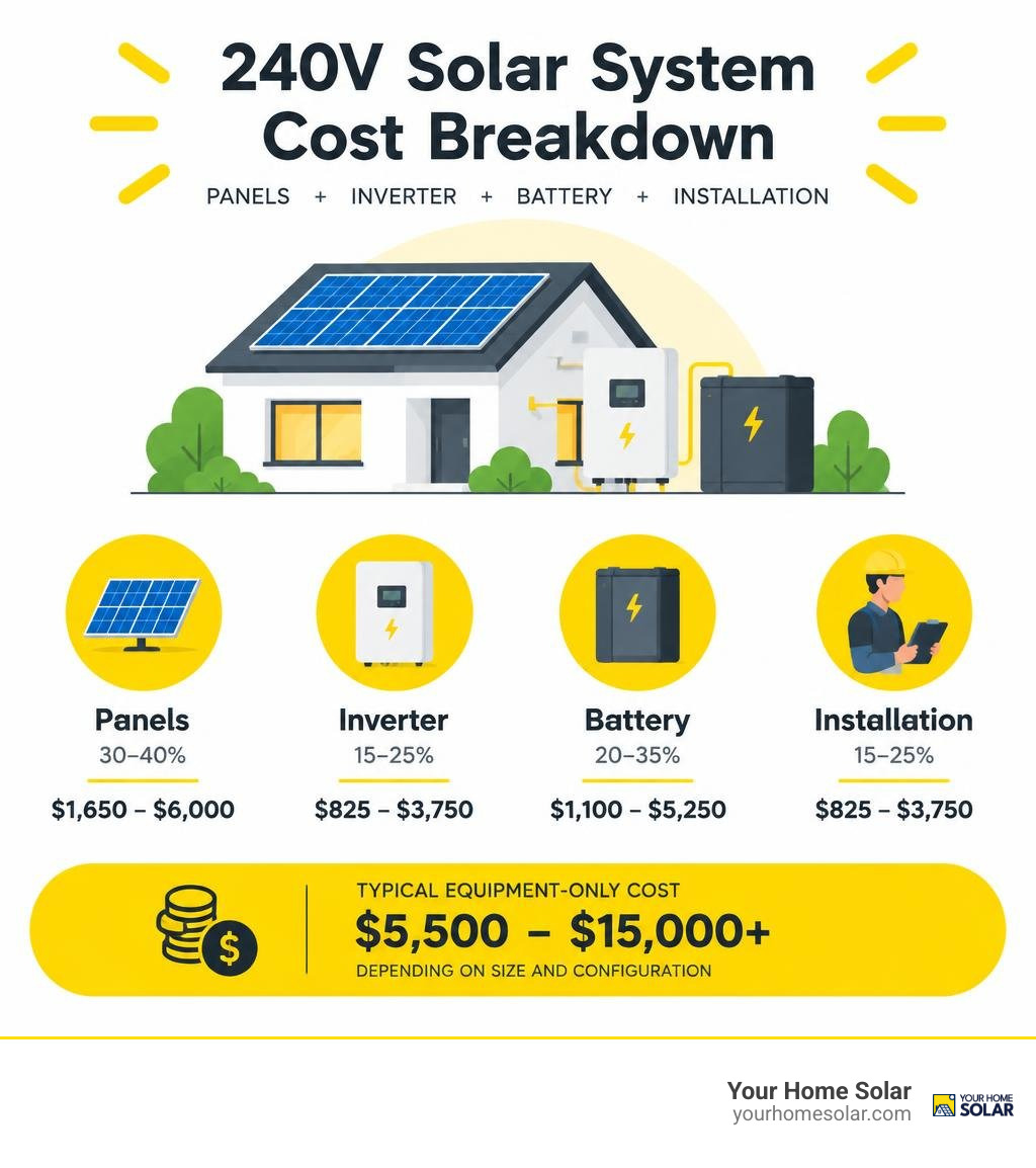 240V solar system cost breakdown by panels inverter battery and installation infographic 240V solar system cost breakdown by panels inverter battery and installation infographic