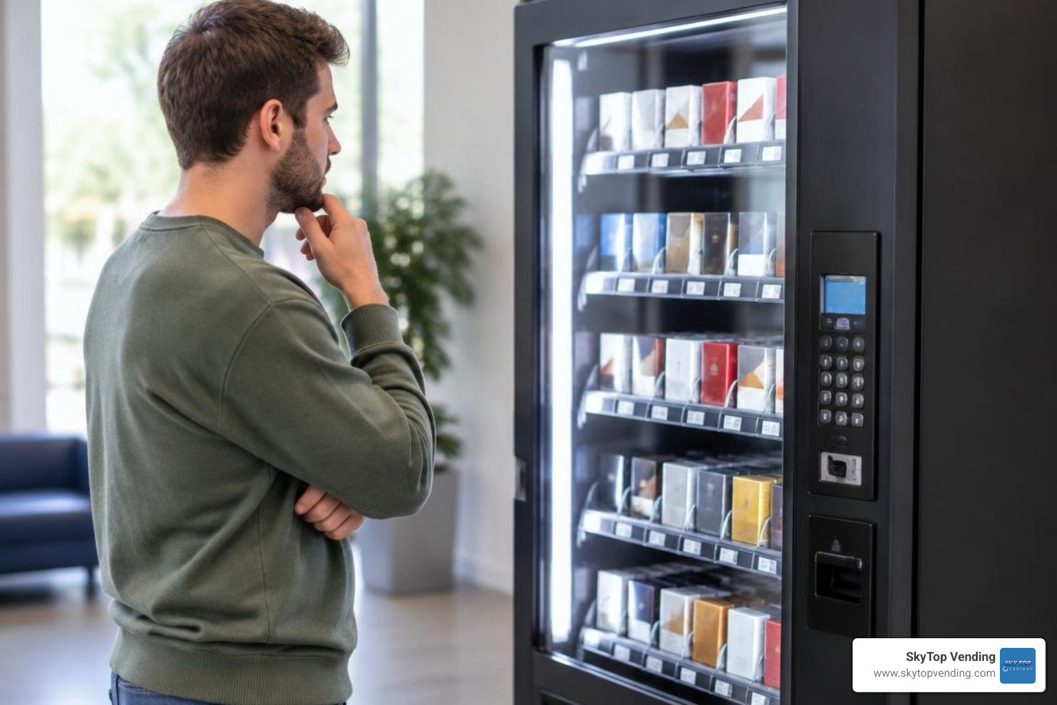 Adult only commercial lounge with compliant vending setup
