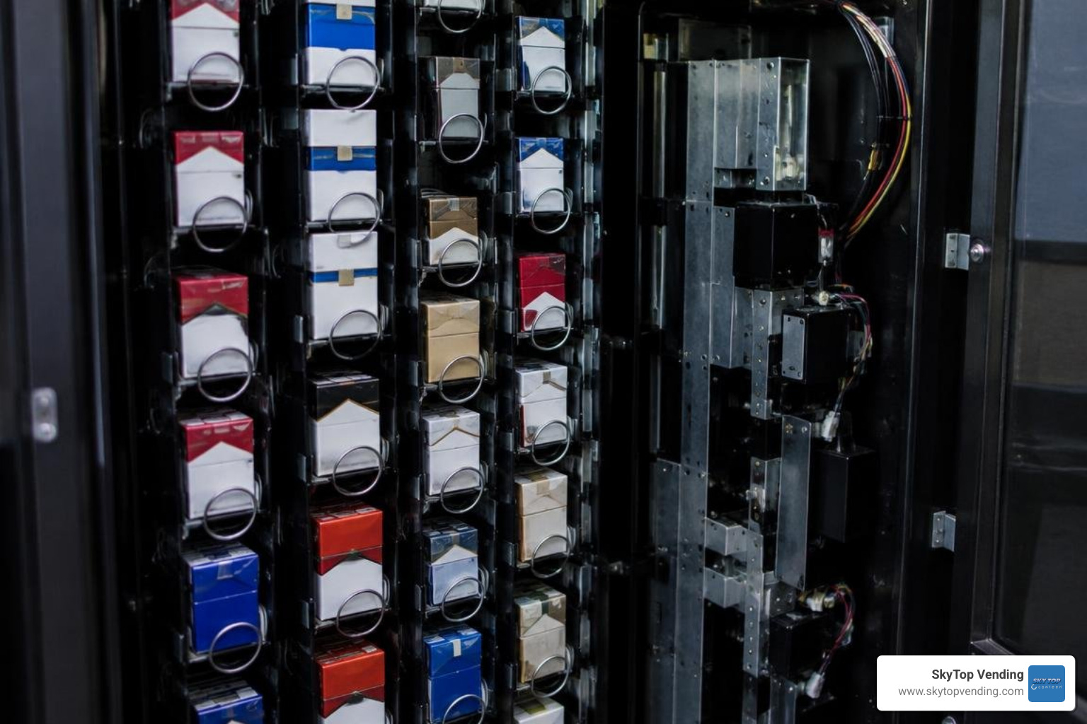 Internal mechanics and cigarette pack columns in a vending unit
