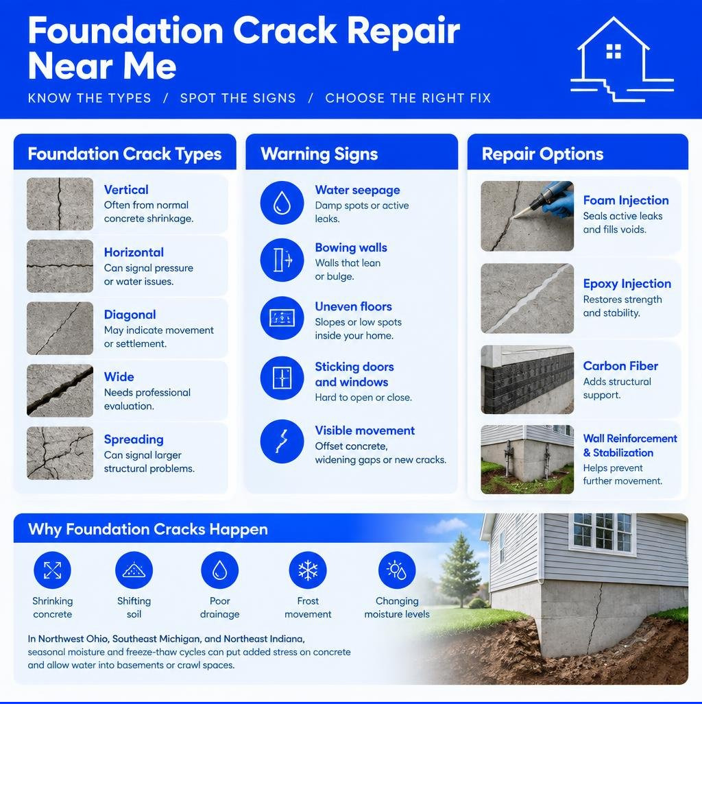 Foundation crack types, warning signs, and repair options infographic Foundation crack types, warning signs, and repair options infographic