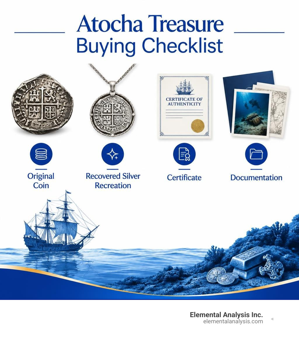 Atocha treasure buying checklist: original coin, recovered silver recreation, certificate, documentation infographic Atocha treasure buying checklist: original coin, recovered silver recreation, certificate, documentation infographic