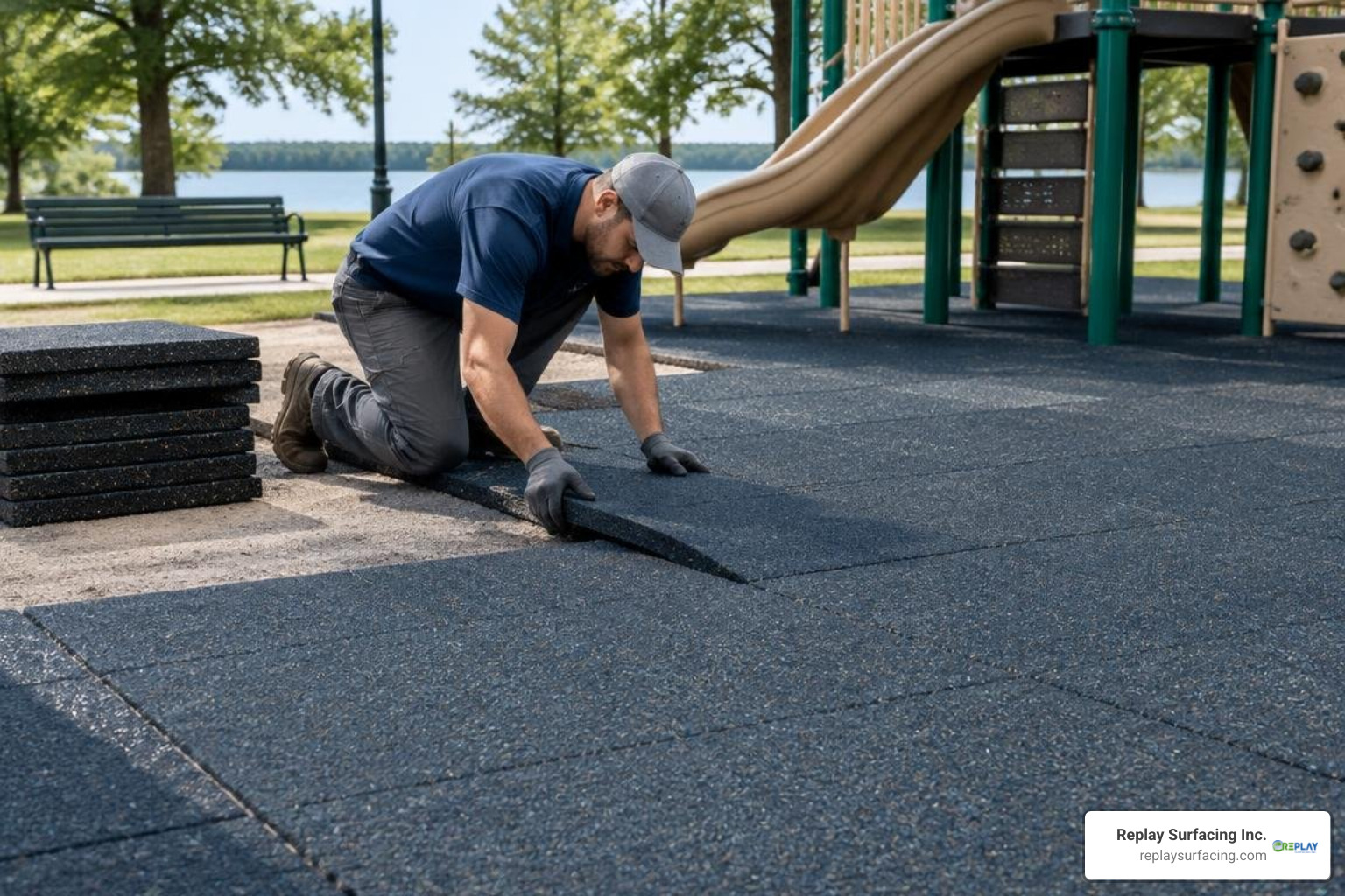 Heavy-duty recycled rubber matting installed at an outdoor municipal park facility