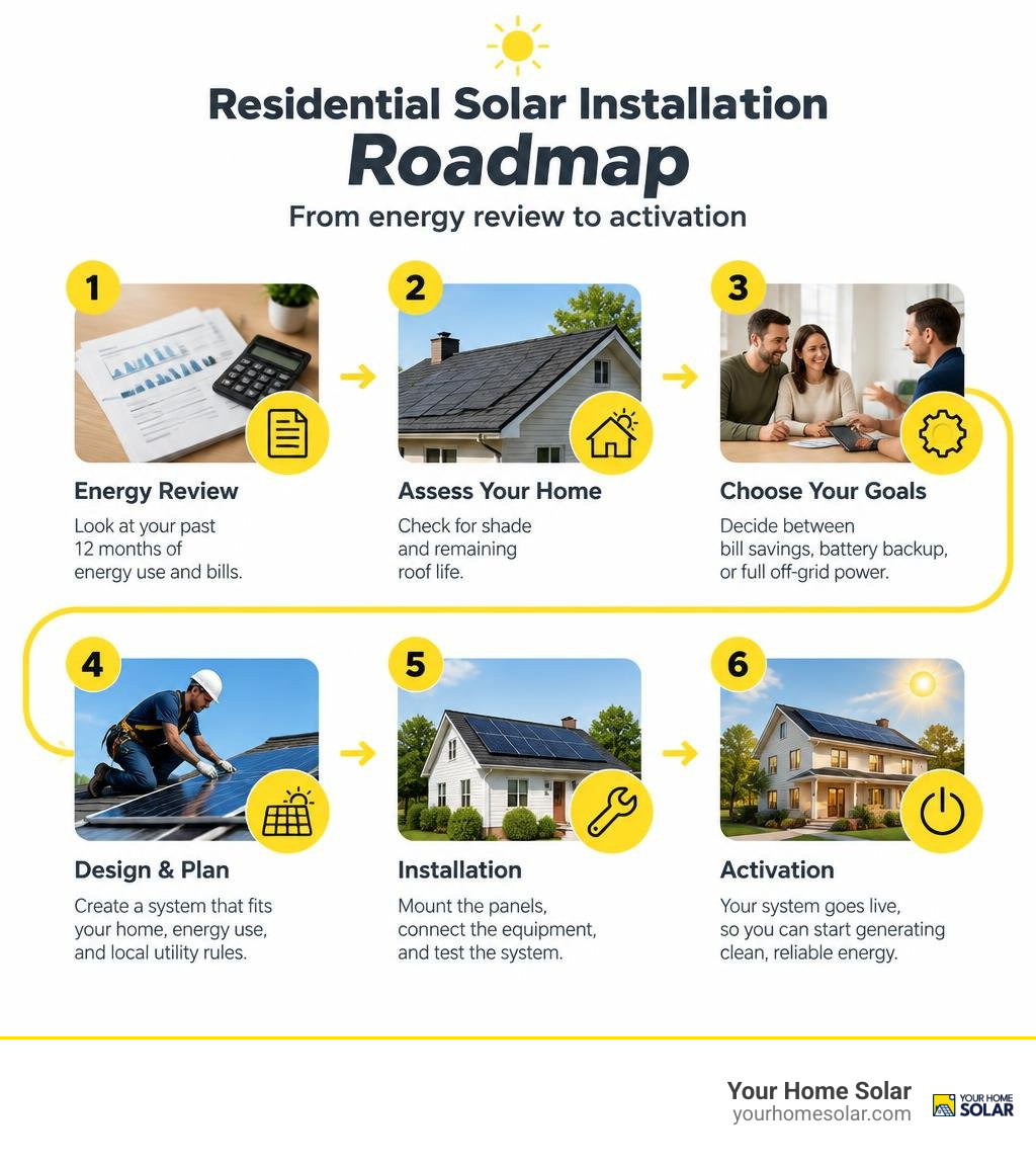 Residential solar installation roadmap from energy review to activation infographic Residential solar installation roadmap from energy review to activation infographic