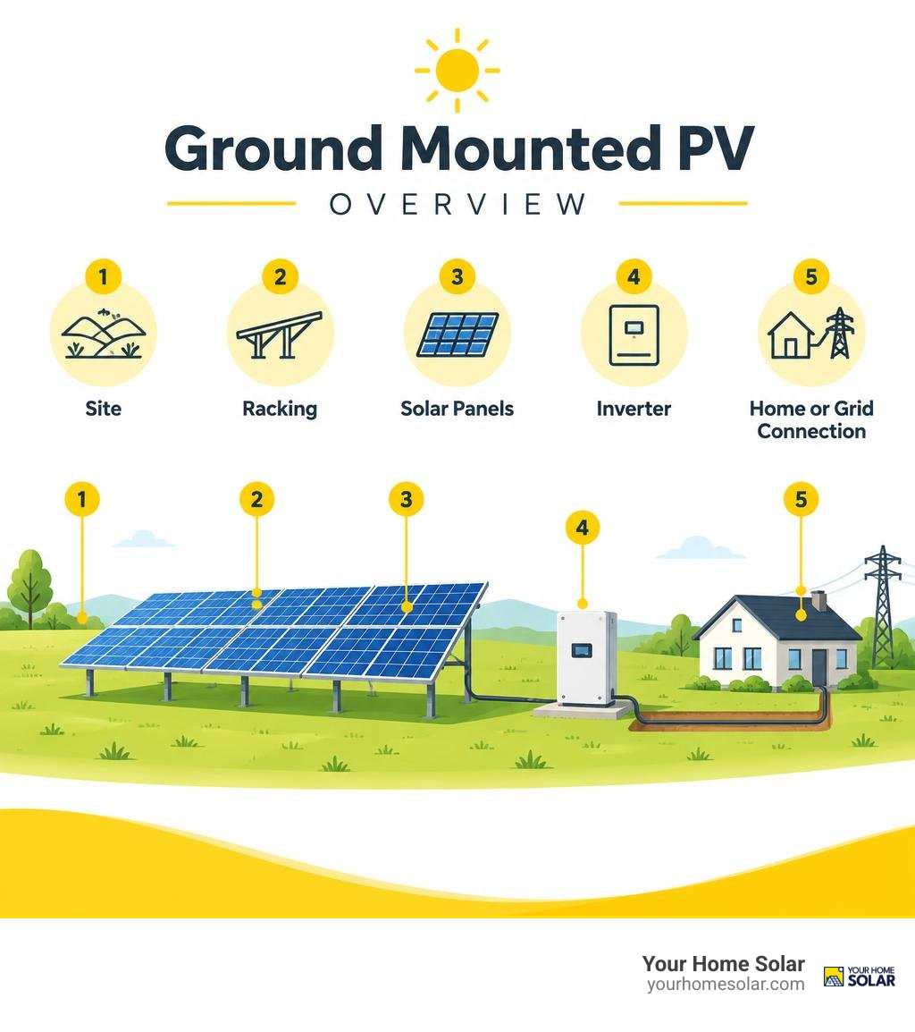 Ground mounted PV overview: site, racking, solar panels, inverter, and home or grid connection infographic Ground mounted PV overview: site, racking, solar panels, inverter, and home or grid connection infographic