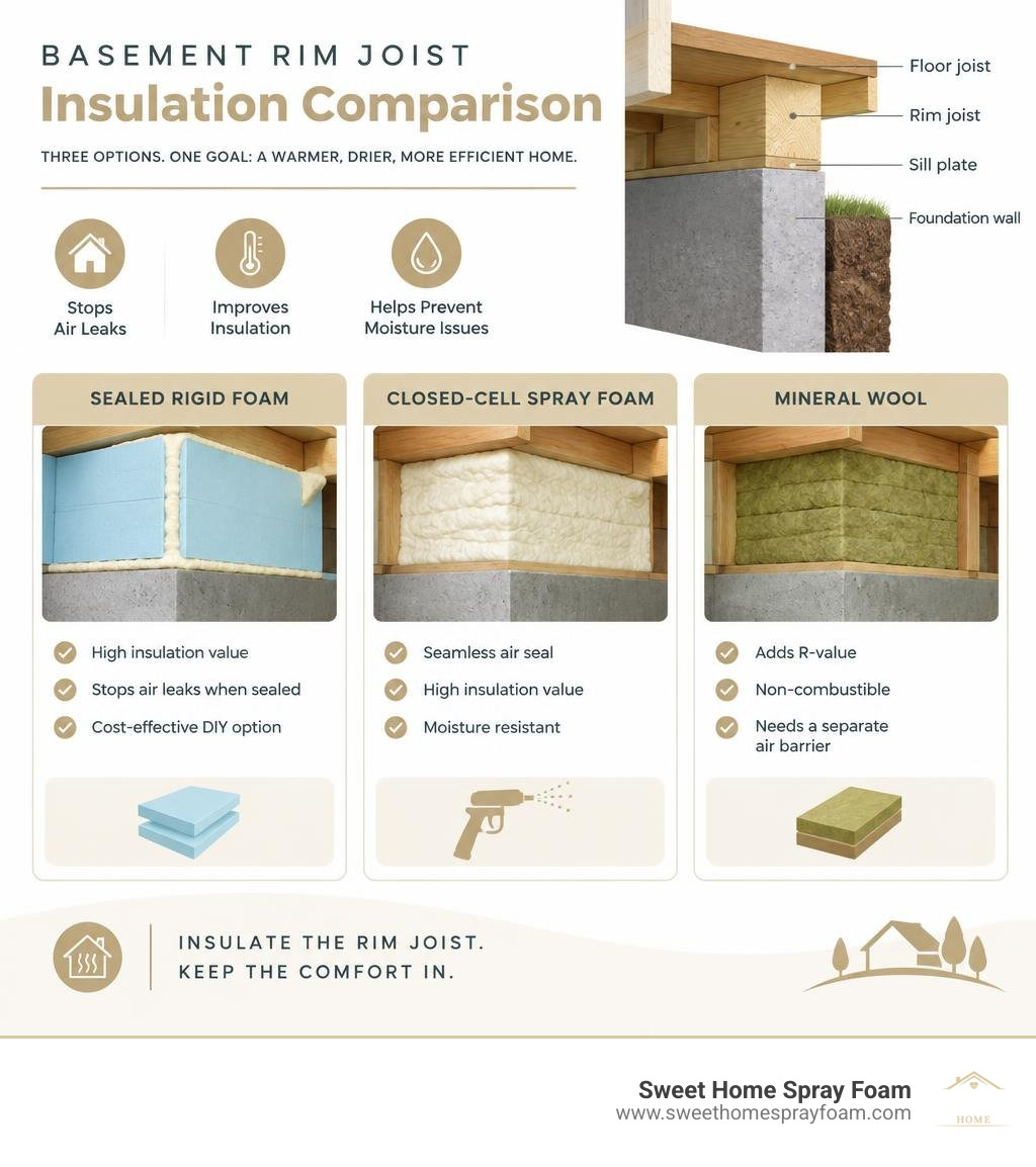 infographic comparing sealed rigid foam, closed-cell spray foam, and mineral wool for rim joists infographic infographic comparing sealed rigid foam, closed-cell spray foam, and mineral wool for rim joists infographic