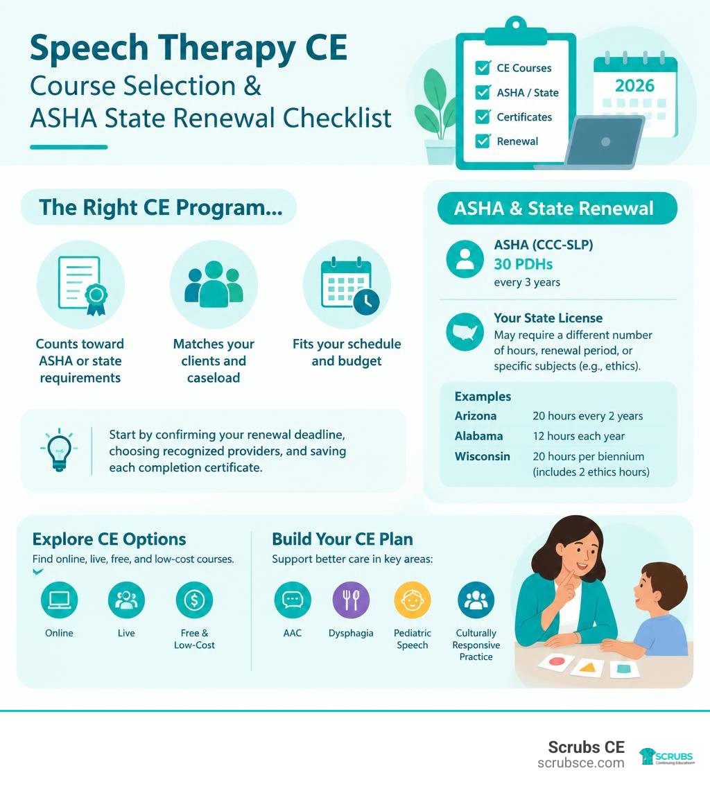 Speech therapy CE course selection and ASHA state renewal checklist infographic Speech therapy CE course selection and ASHA state renewal checklist infographic