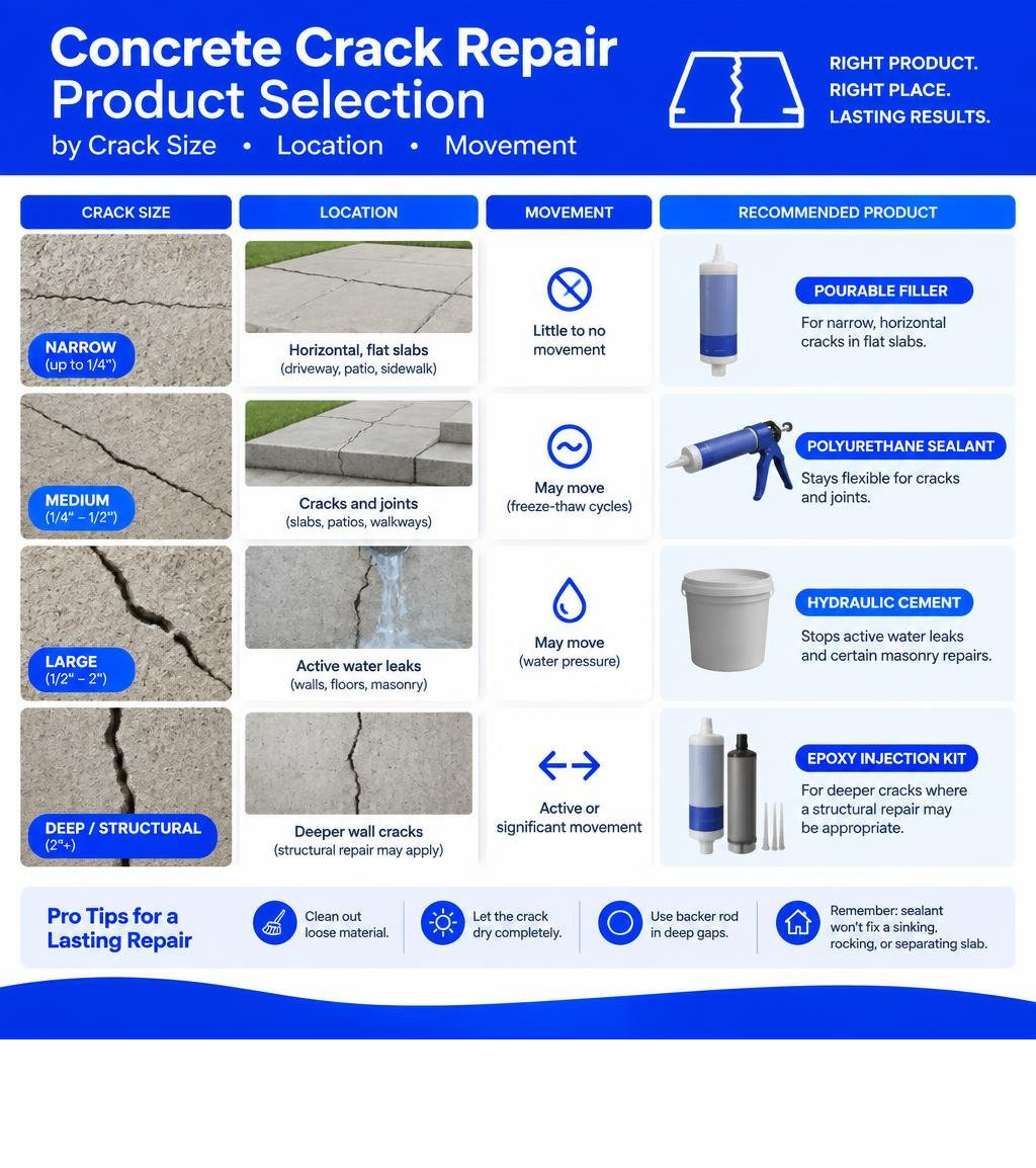 Concrete crack repair product selection by crack size location and movement infographic Concrete crack repair product selection by crack size location and movement infographic