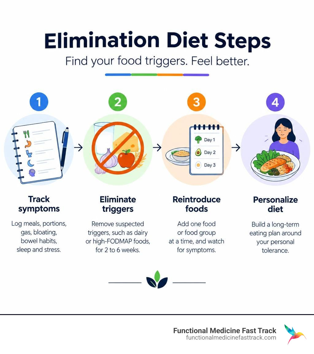 Elimination diet steps: track symptoms, eliminate triggers, reintroduce foods, personalize diet infographic