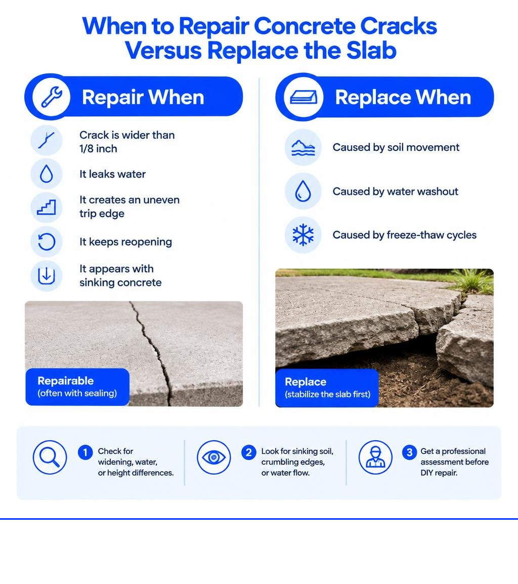 When to repair concrete cracks versus replace the slab infographic When to repair concrete cracks versus replace the slab infographic