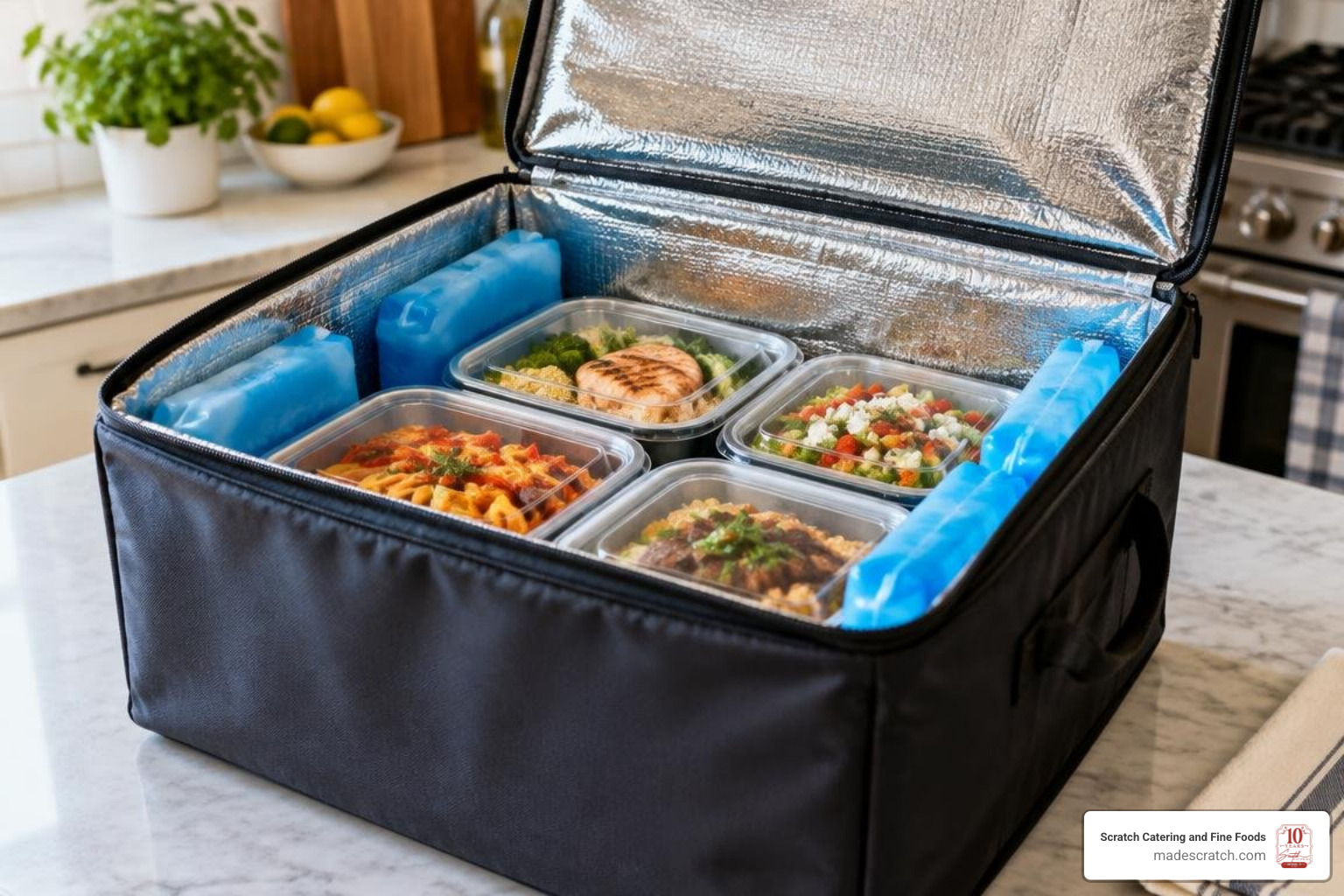 Insulated delivery box with cooling gel packs protecting fresh culinary dishes