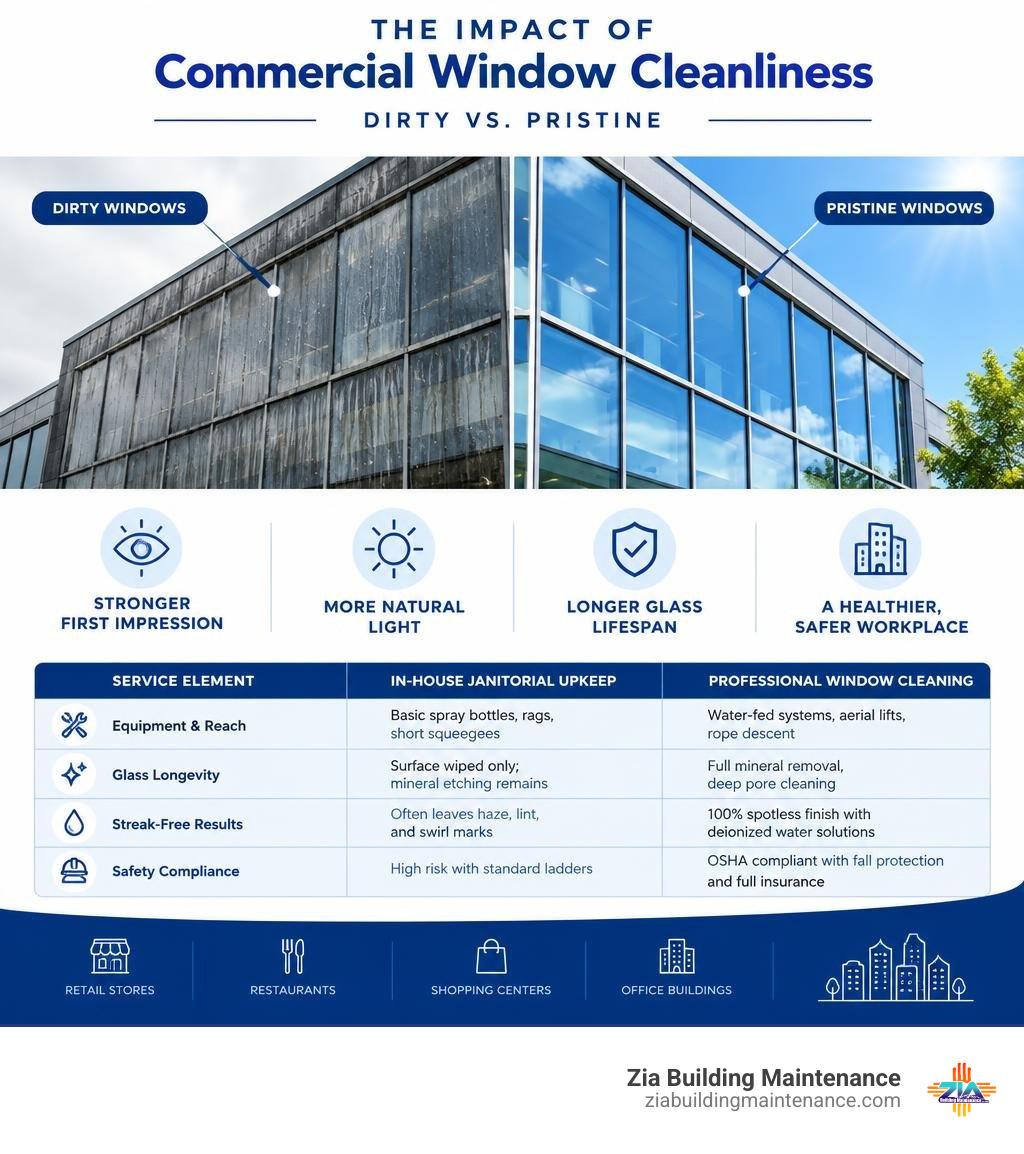 Comparison of dirty vs pristine commercial windows impact infographic Comparison of dirty vs pristine commercial windows impact infographic