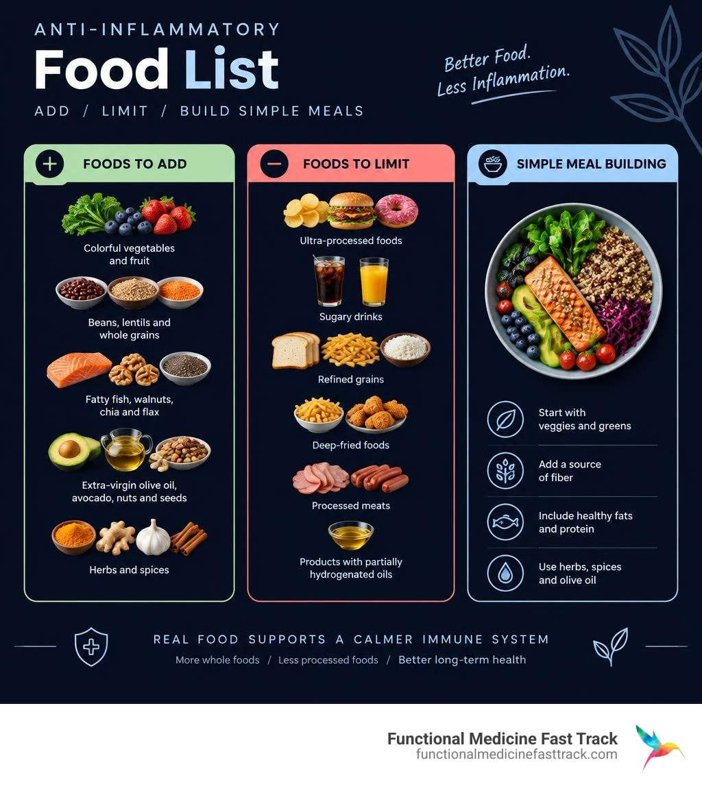 Anti-inflammatory food list categories: foods to add, foods to limit, and simple meal building infographic Anti-inflammatory food list categories: foods to add, foods to limit, and simple meal building infographic