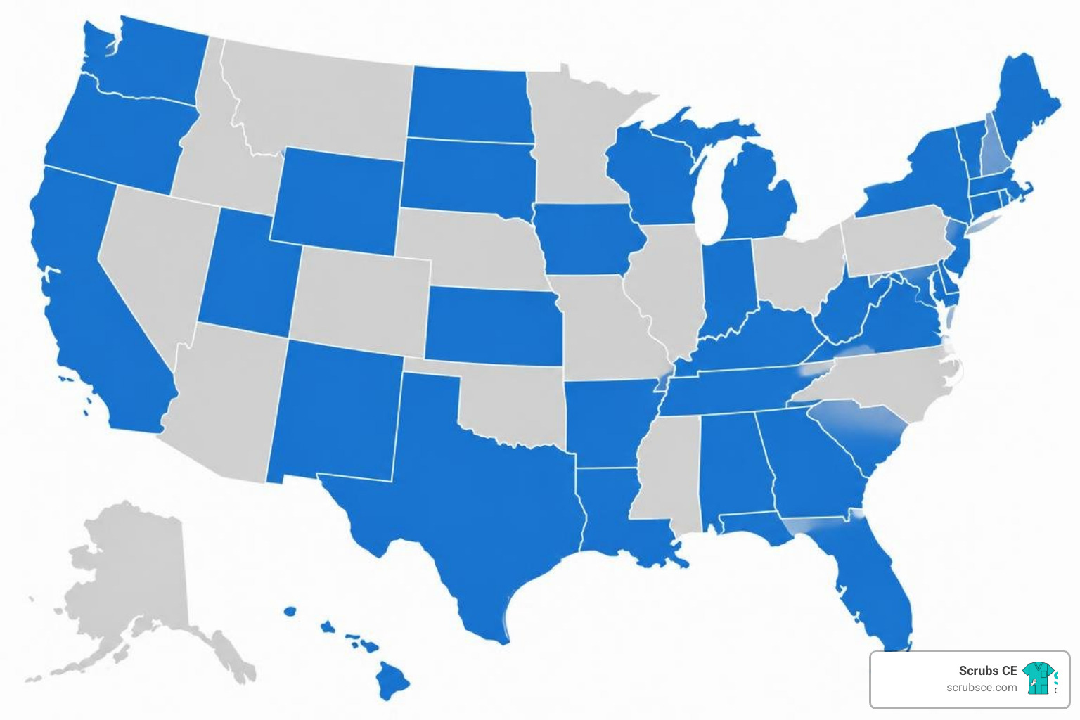 Map representation of the 40 Nurse Licensure Compact states across the US Map representation of the 40 Nurse Licensure Compact states across the US