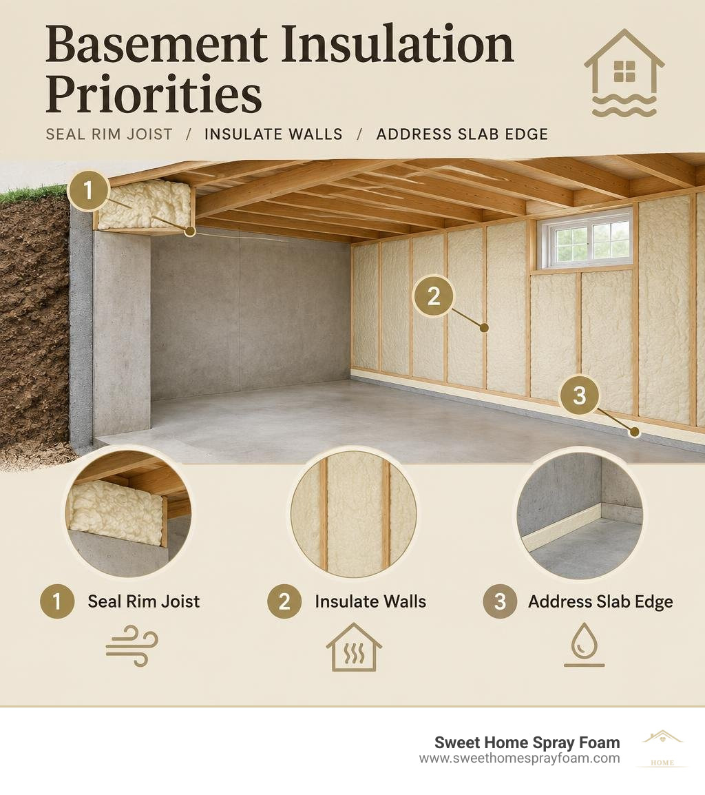 Basement insulation priorities: seal rim joist, insulate walls, address slab edge infographic