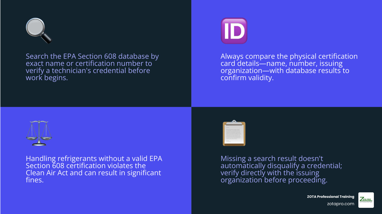 Free EPA certification lookup workflow: identify credential, search official record, confirm card, document result