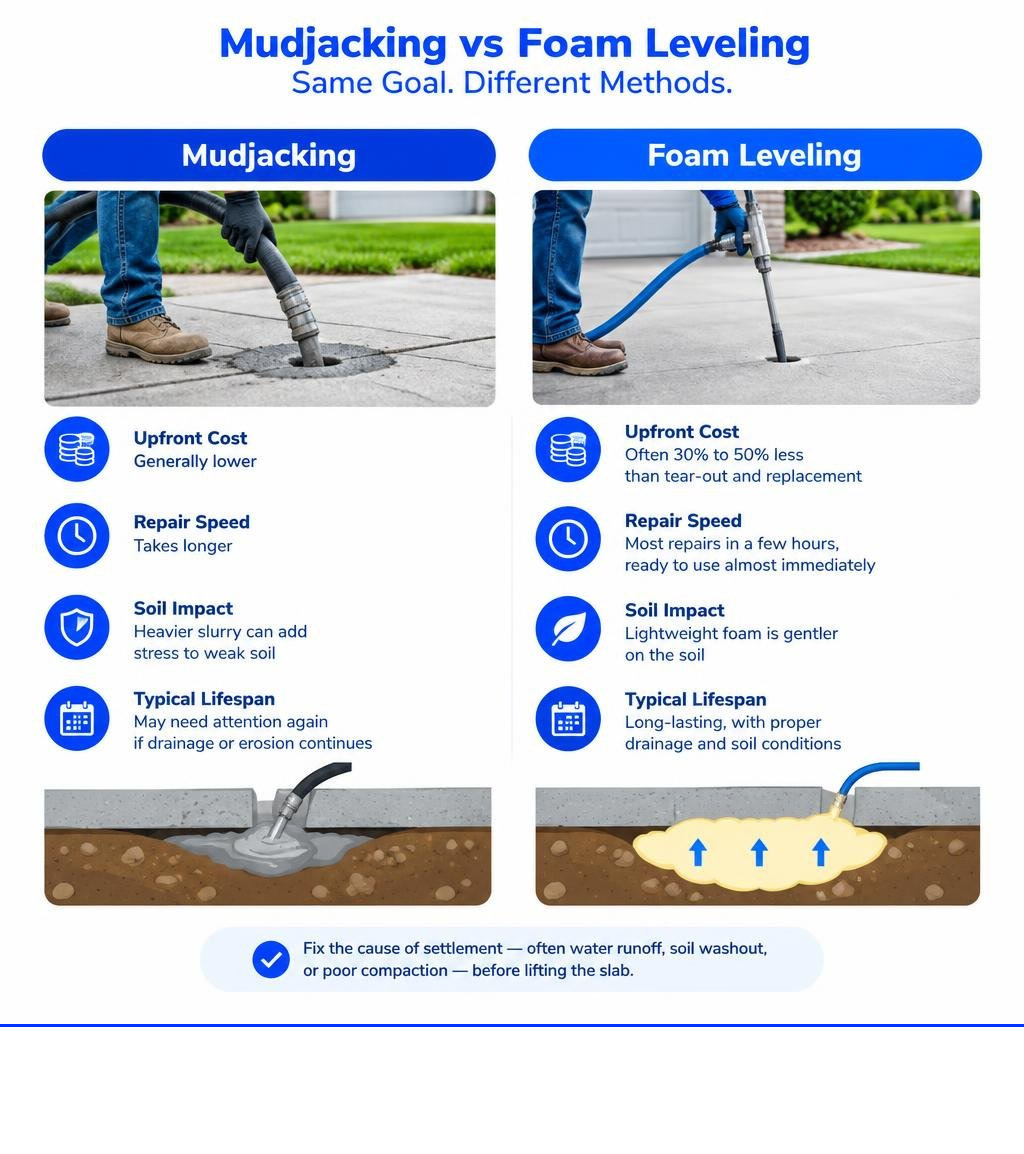 Mudjacking and polyurethane foam leveling comparison infographic Mudjacking and polyurethane foam leveling comparison infographic