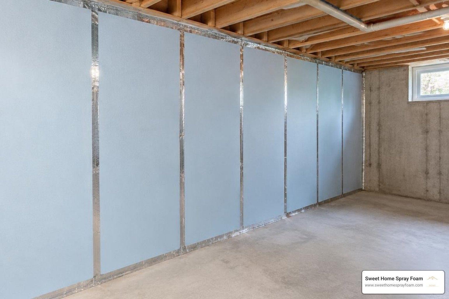 rigid foam board installed against a concrete foundation wall with taped seams