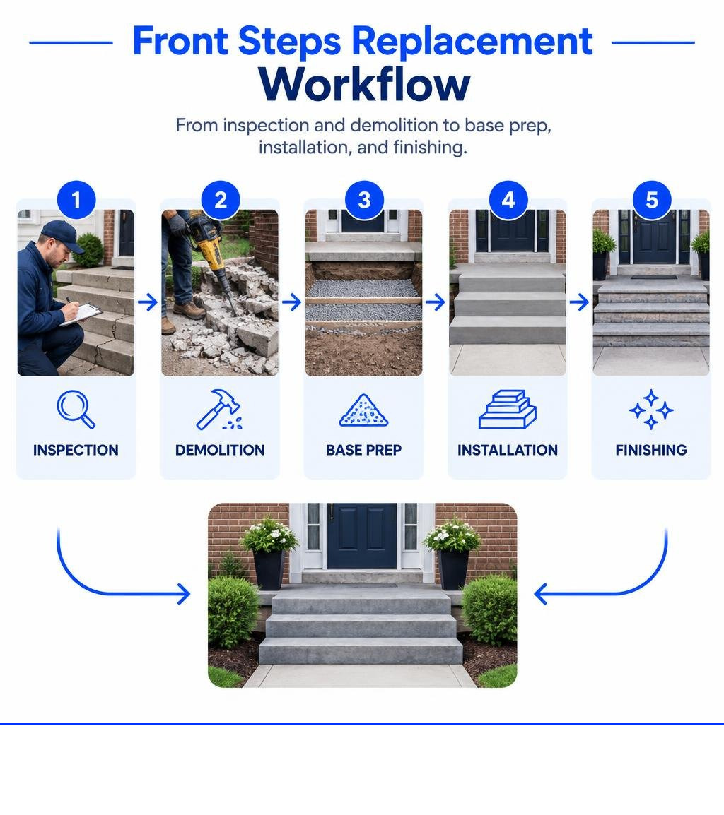 Front steps replacement workflow from inspection and demolition to base prep, installation, and finishing infographic Front steps replacement workflow from inspection and demolition to base prep, installation, and finishing infographic