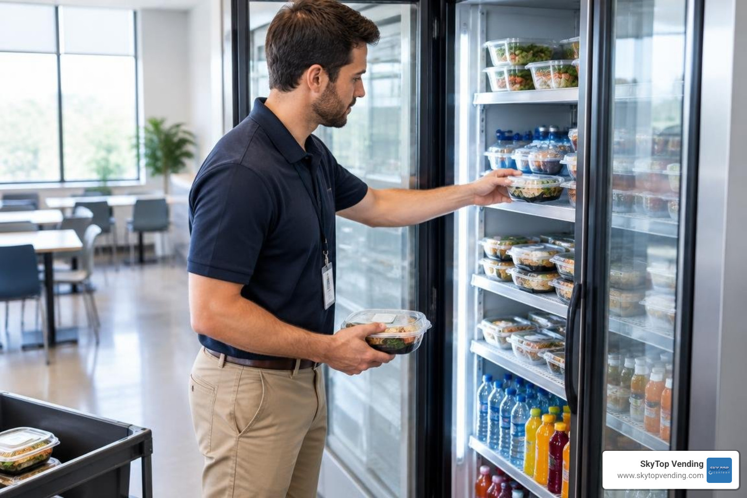 Technician stocking fresh meals in modern breakroom market