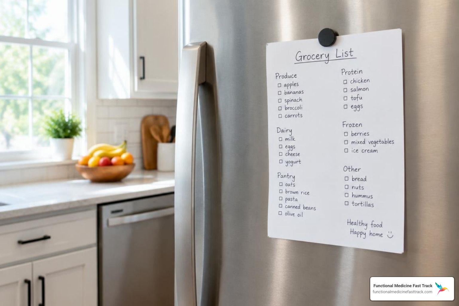 printable grocery checklist on a refrigerator