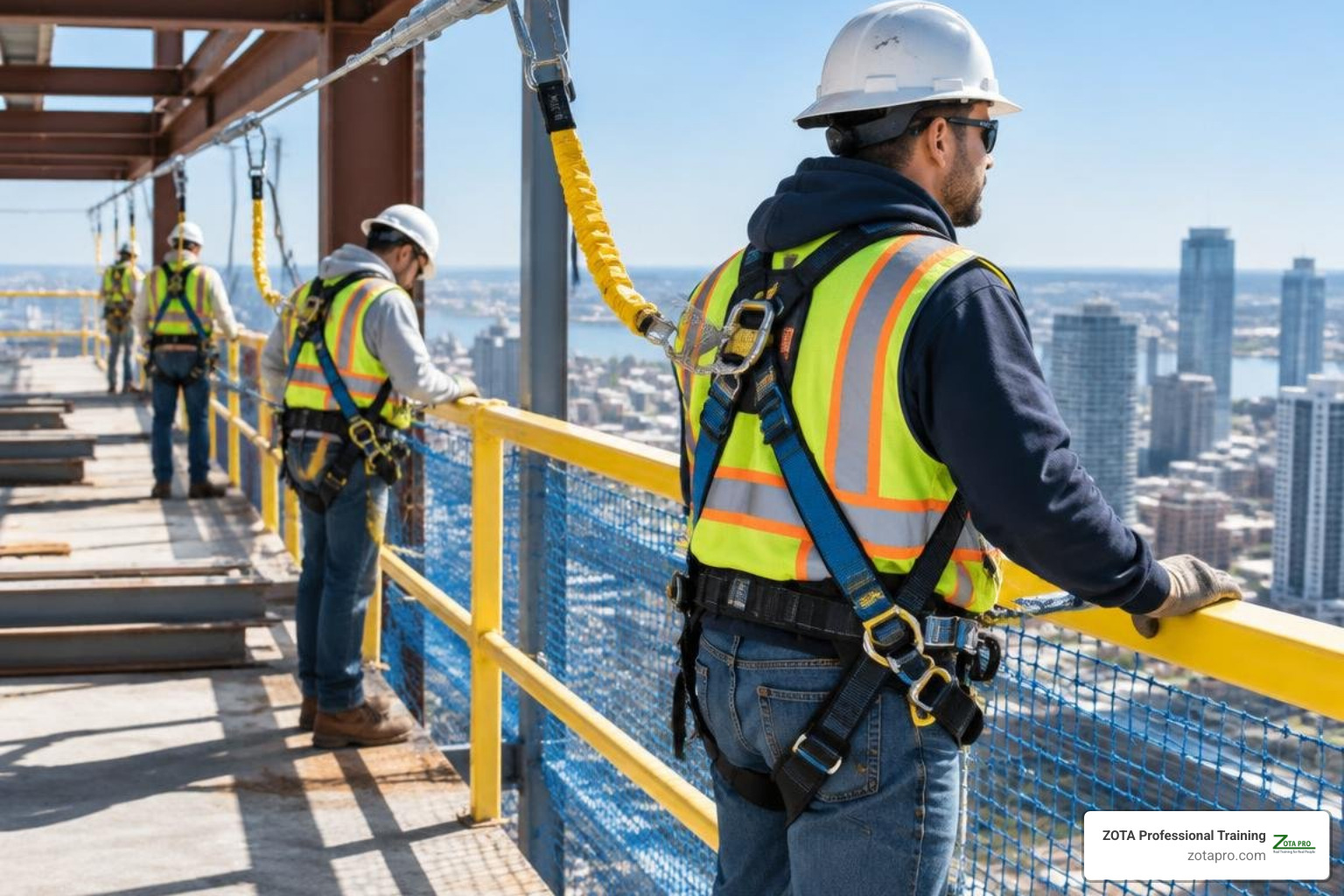 construction workers utilizing proper fall arrest harnesses and guardrails