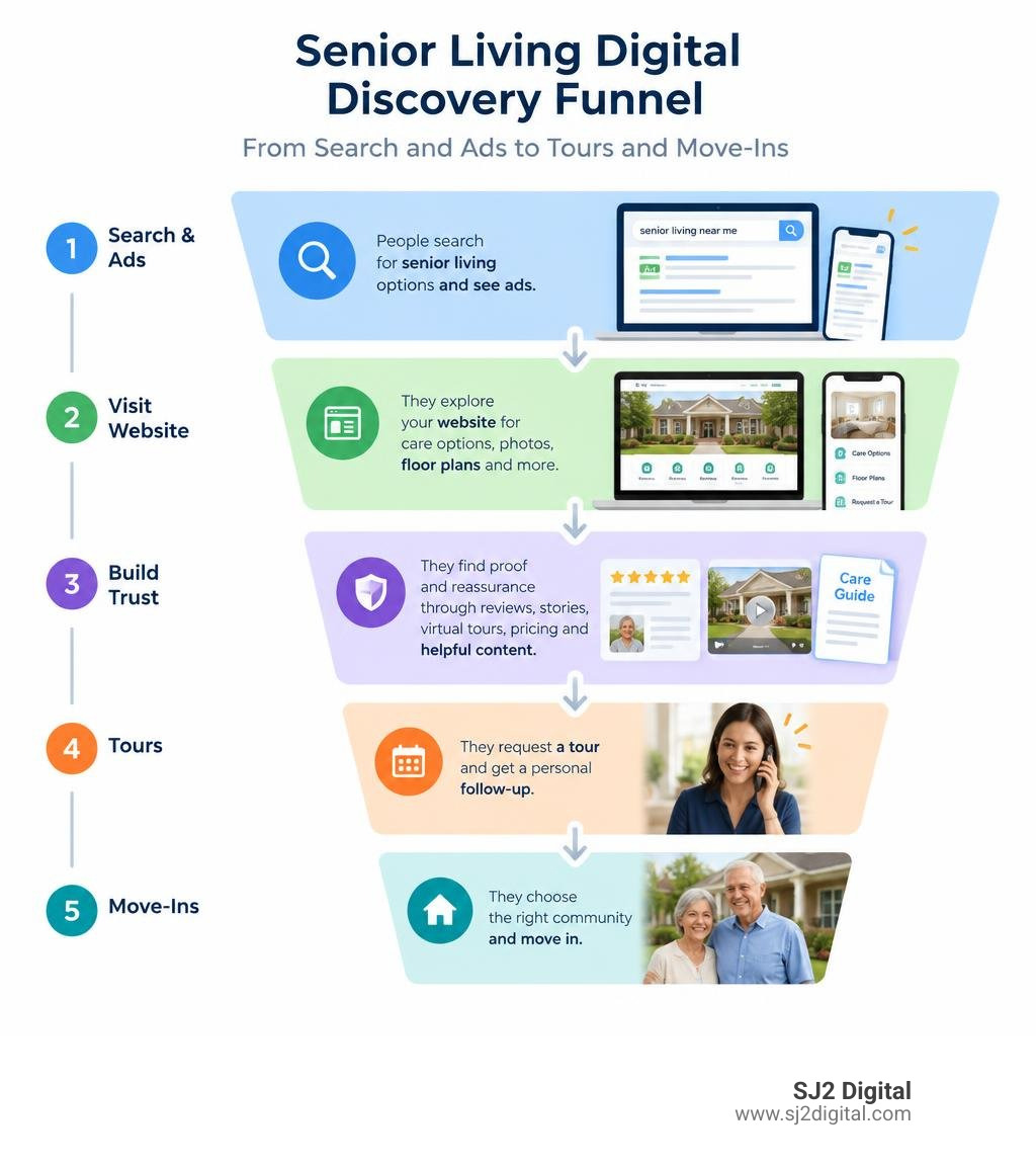Senior living digital discovery funnel from search and ads to tours and move-ins infographic