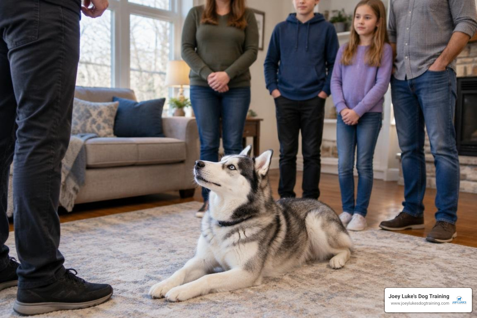 A dog trainer coaching a family pet in a cozy living room A dog trainer coaching a family pet in a cozy living room