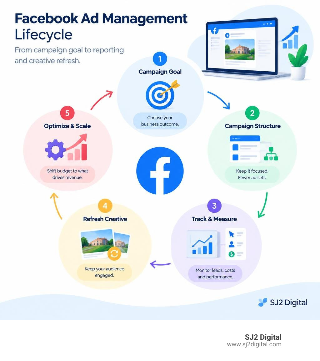 Facebook ad management lifecycle from campaign goal to reporting and creative refresh infographic Facebook ad management lifecycle from campaign goal to reporting and creative refresh infographic