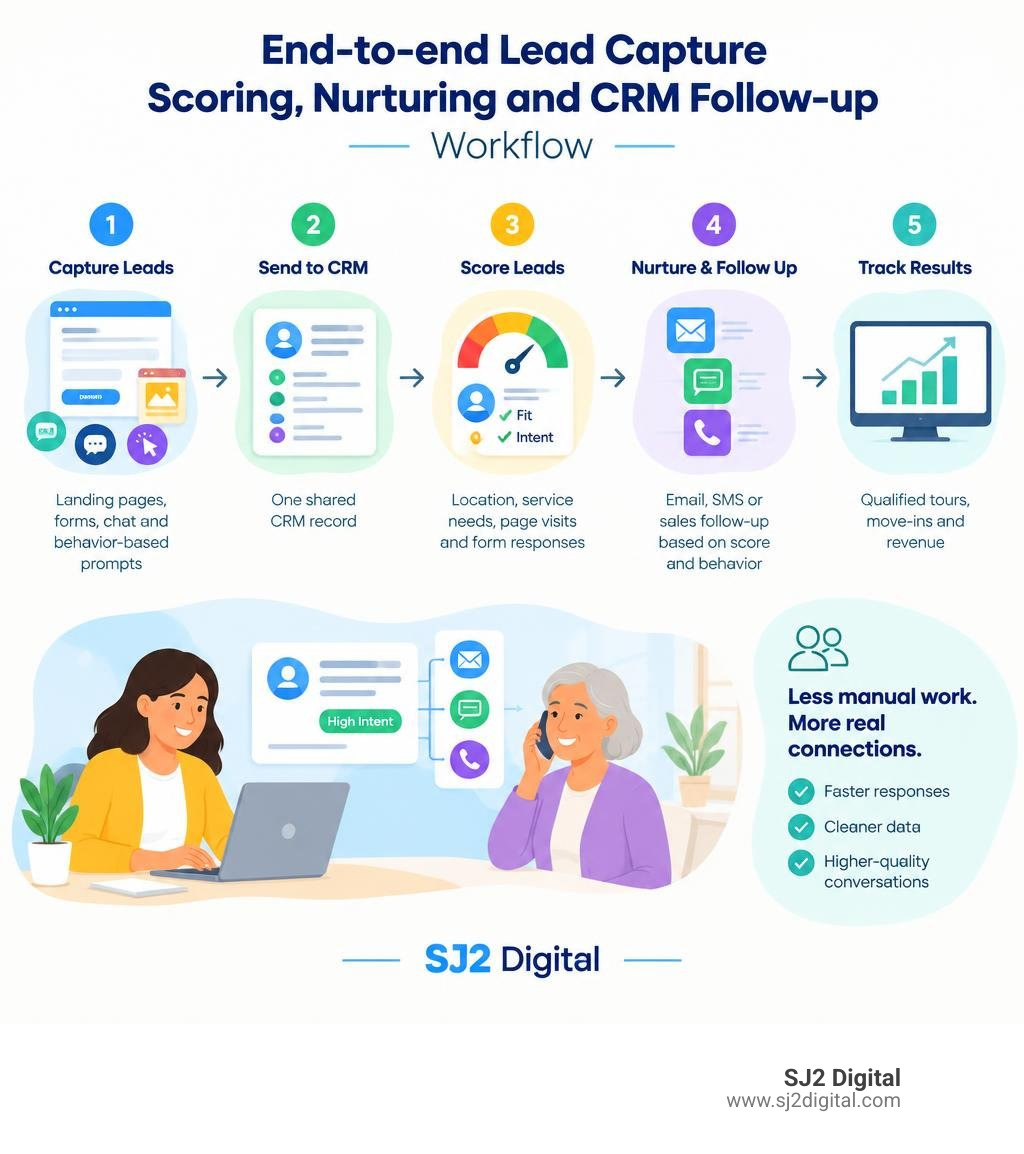 End-to-end lead capture scoring nurturing and CRM follow-up workflow infographic