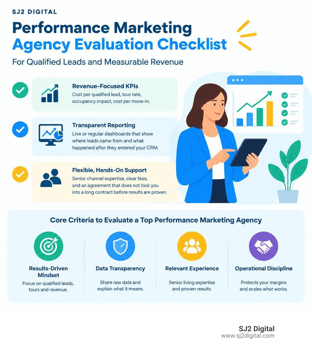 Performance marketing agency evaluation checklist for qualified leads and measurable revenue infographic