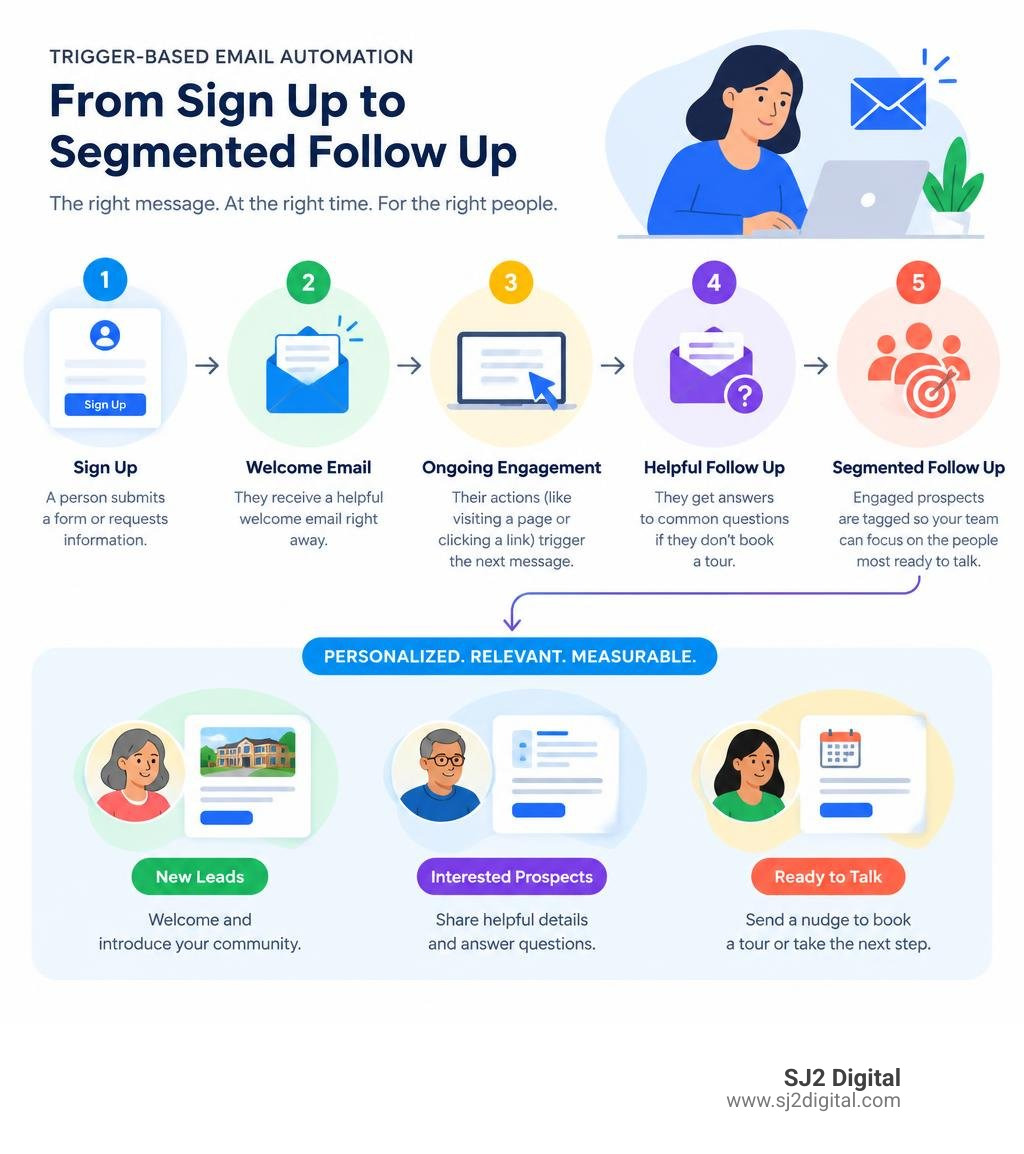Trigger based email automation from sign up to segmented follow up infographic Trigger based email automation from sign up to segmented follow up infographic