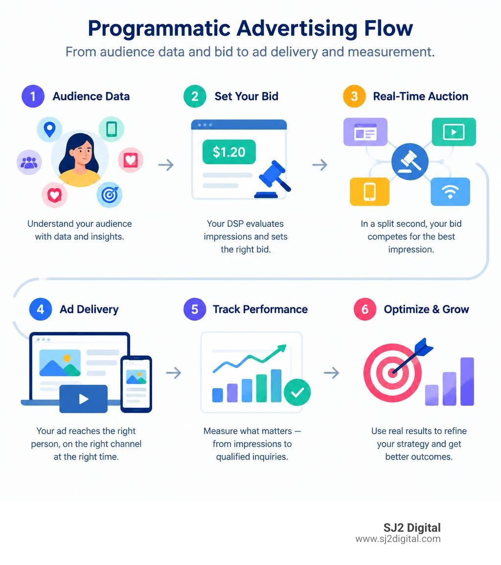 Programmatic advertising flow from audience data and bid to ad delivery and measurement infographic Programmatic advertising flow from audience data and bid to ad delivery and measurement infographic