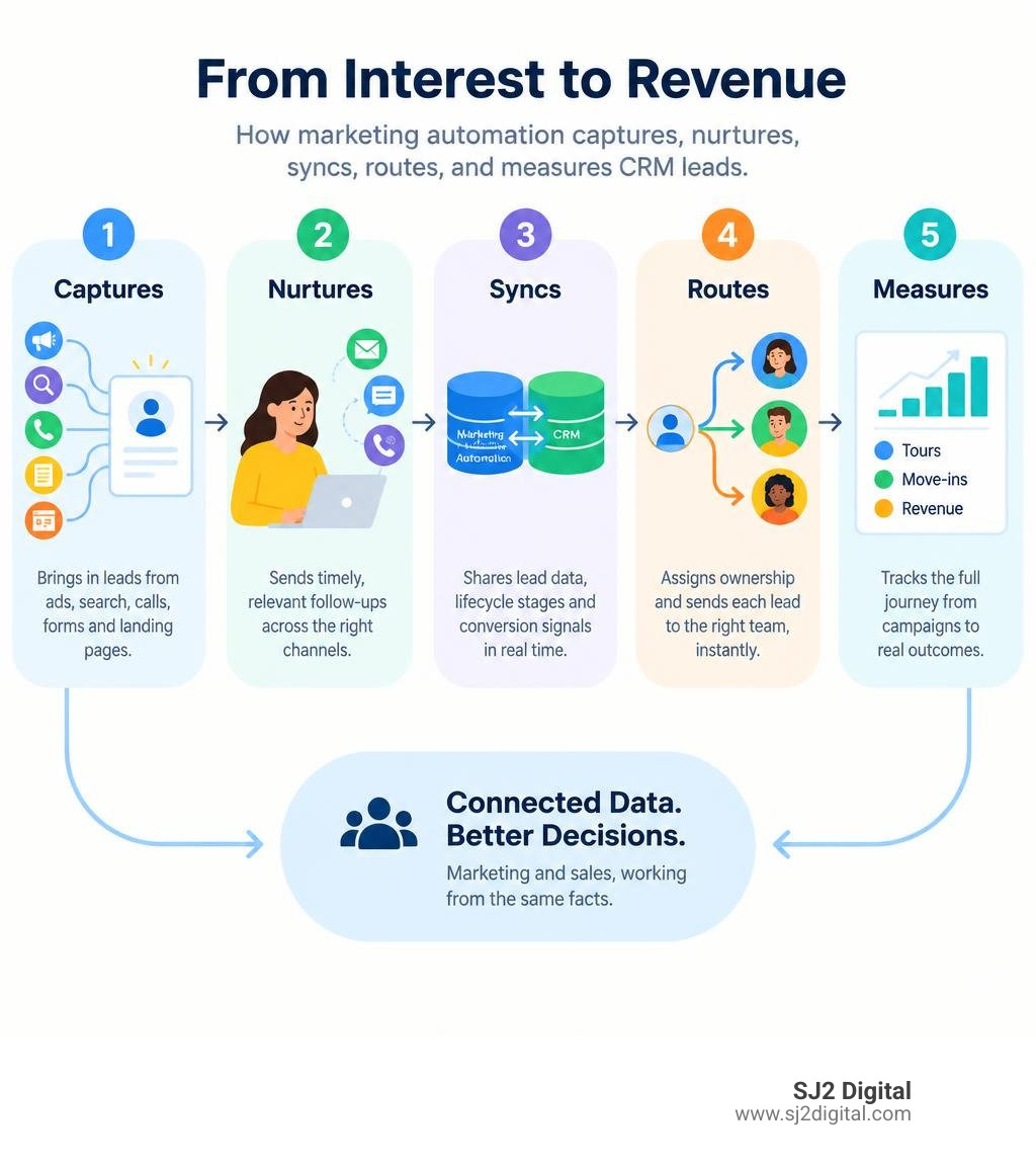 How marketing automation captures, nurtures, syncs, routes, and measures CRM leads infographic