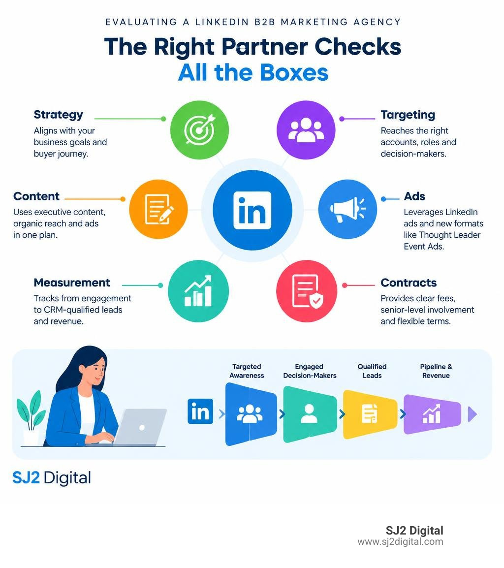 Infographic showing LinkedIn agency evaluation criteria: strategy, targeting, content, ads, measurement, contracts