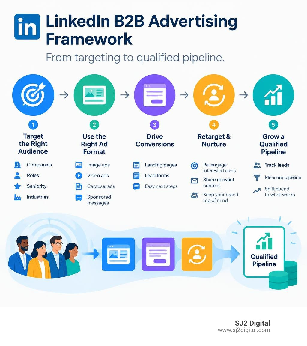 LinkedIn B2B advertising framework from targeting to qualified pipeline infographic LinkedIn B2B advertising framework from targeting to qualified pipeline infographic