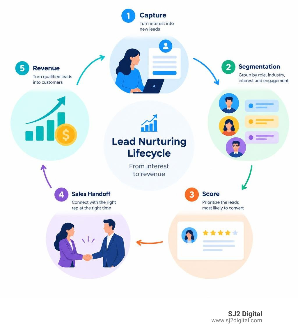 Lead nurturing lifecycle from capture and segmentation to scoring, sales handoff, and revenue infographic