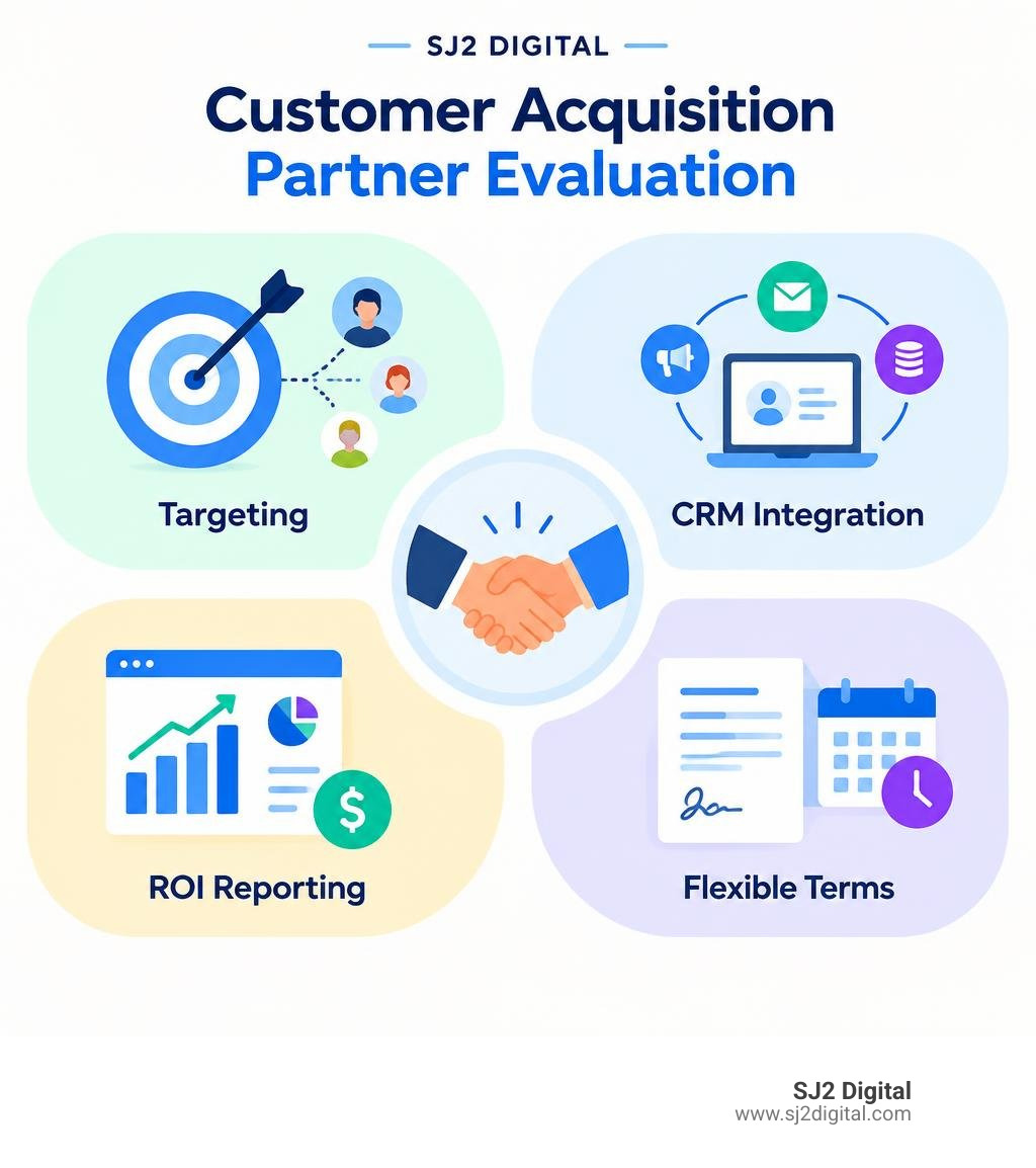 Customer acquisition partner evaluation: targeting, CRM integration, ROI reporting, flexible terms infographic Customer acquisition partner evaluation: targeting, CRM integration, ROI reporting, flexible terms infographic