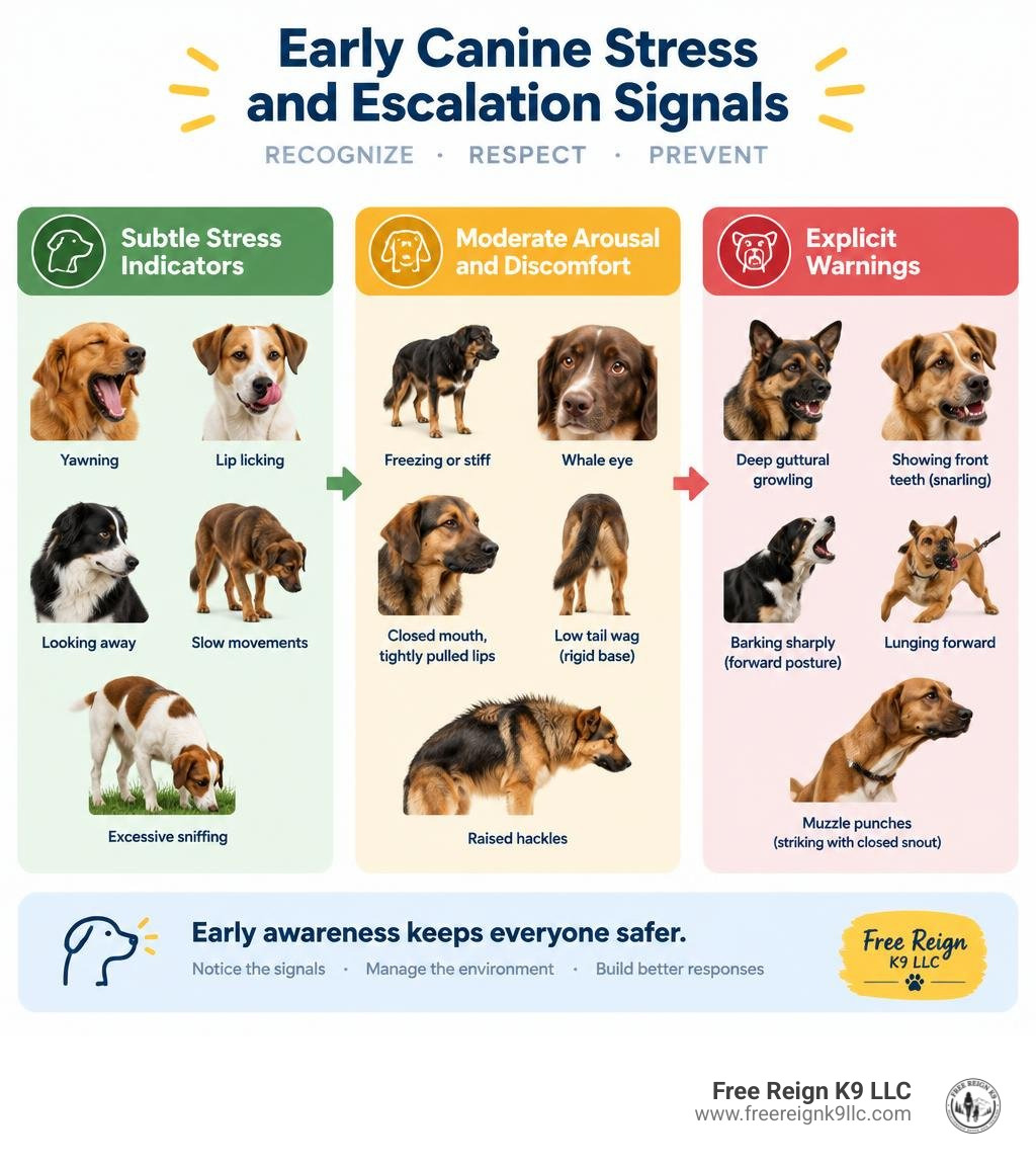 Early canine stress and escalation signals infographic