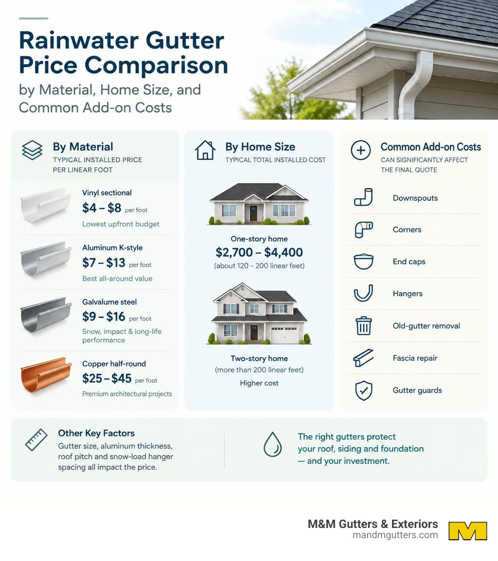 Rainwater gutter price comparison by material, home size, and common add-on costs infographic Rainwater gutter price comparison by material, home size, and common add-on costs infographic