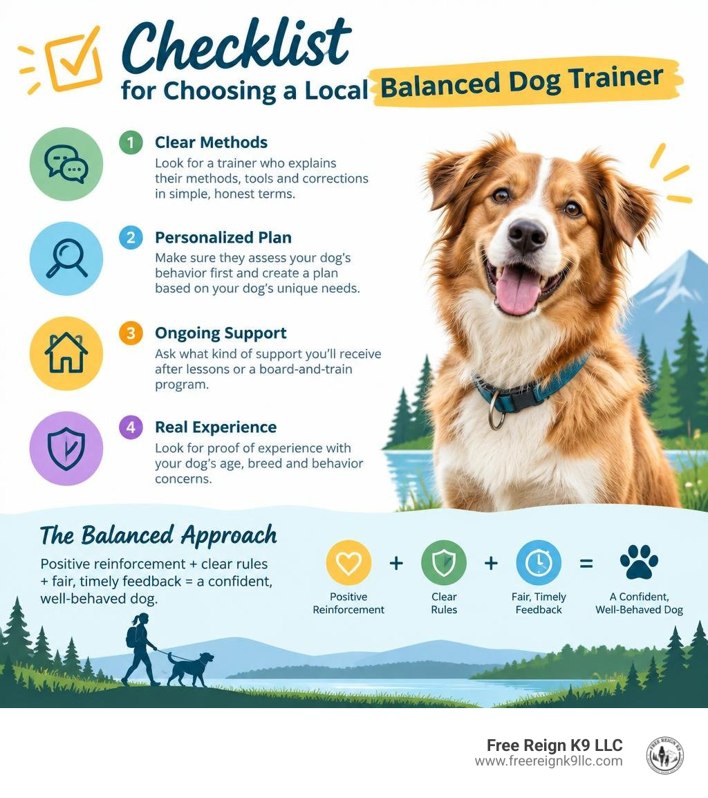 Checklist for choosing a local balanced dog trainer infographic Checklist for choosing a local balanced dog trainer infographic