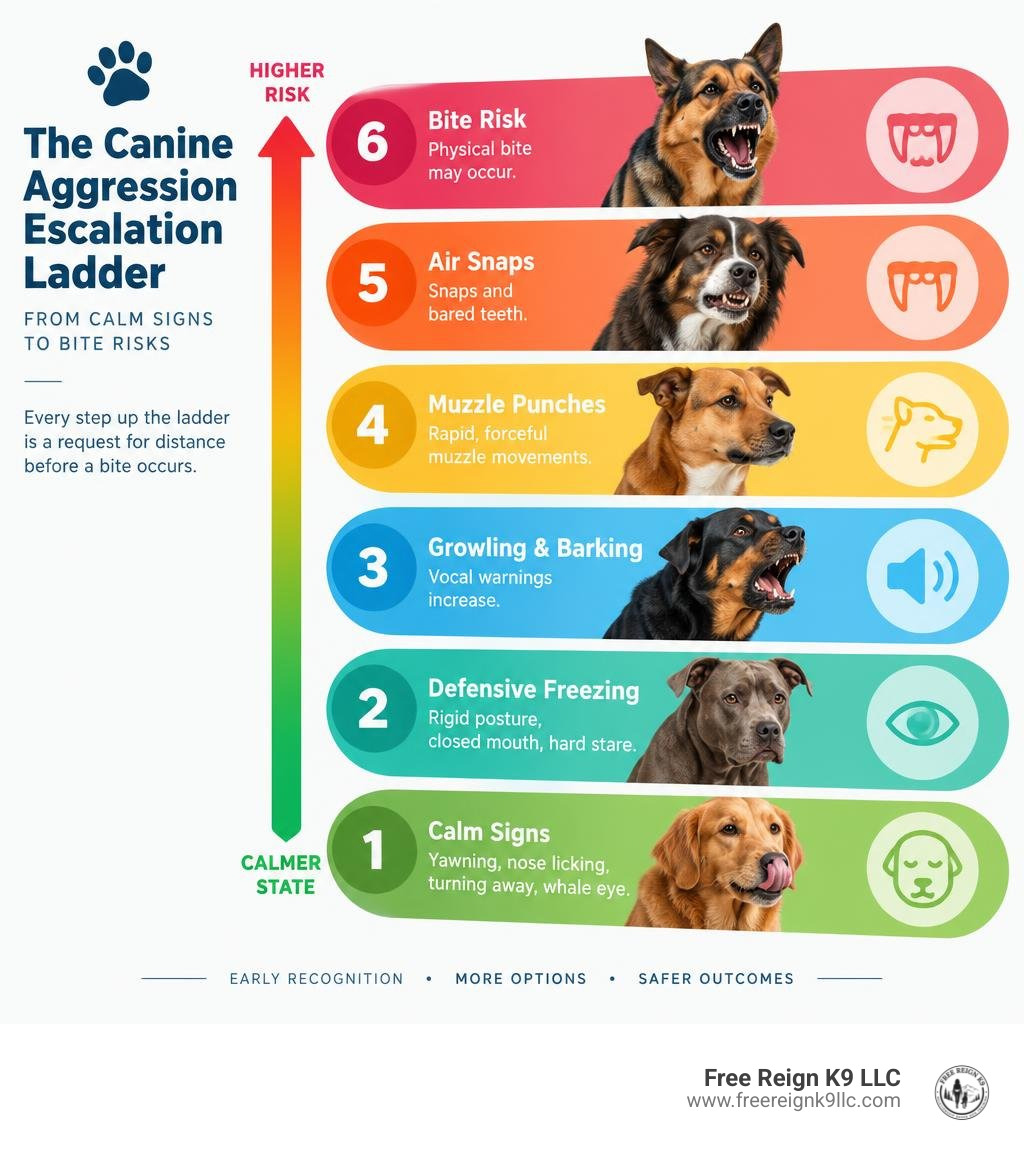 Infographic of the canine aggression escalation ladder from green calm signs to red bite risks infographic